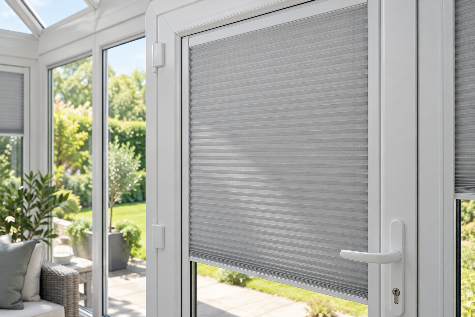 Pleated blind fitted neatly to a glazed door